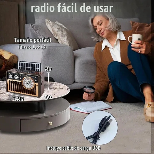 Vista 4 de Radios AM FM portátiles, radios retro con altavoces de alta potencia, compatible con alimentación USB y carga de paneles solares. Tarjeta TF Café)
