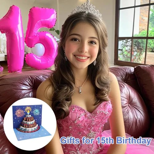 Vista 7 de Rotel Tarjeta de quinceañera, luz de pastel emergente y música, tarjeta de feliz cumpleaños 15 para regalos de quinceañera, tarjetas