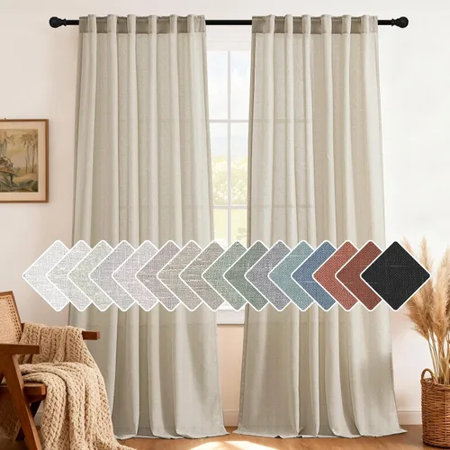 Vista 40 de H.VERSAILTEX Cortinas de lino natural de 63 pulgadas de largo para sala de estar, 2 paneles con trabillas traseras y bolsillo, texturizadas