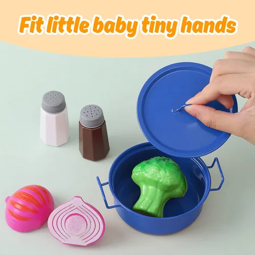 Vista 7 de Juego de accesorios de juguete de cocina para niños pequeños, juego de cocina para niñas y niños, incluye ollas y sartenes coloridas (azul)