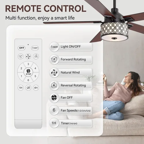Vista 7 de 52" Farmhouse Ceiling Fans with Lights and Remote, 6-Speed Reversible DC Motor, Double-Sided 5 Blades, Timer, Indoor Ceiling Fan with Caged