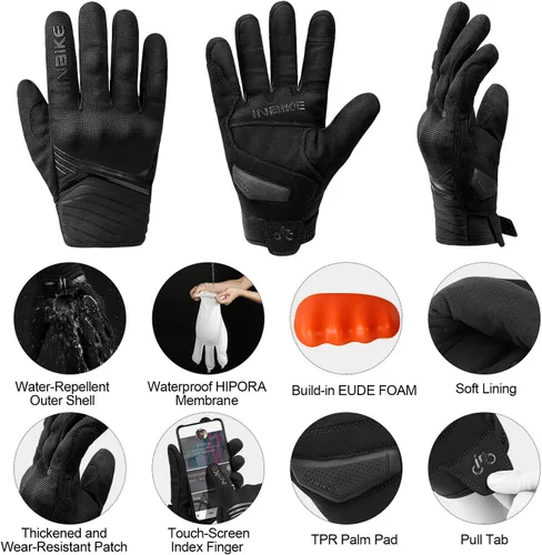 Vista 5 de INBIKE Guantes de invierno impermeables para motocicleta, con forro polar térmico, pantalla táctil, almohadilla de palma de TPR, amortiguación, Negro