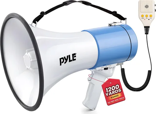 Vista 13 de Pyle 50W Megaphone Bullhorn - Portable, Automatic Siren & Adjustable Volume, Projection Range Up to 1200 Square Yards, Aux Input, Talk, Siren