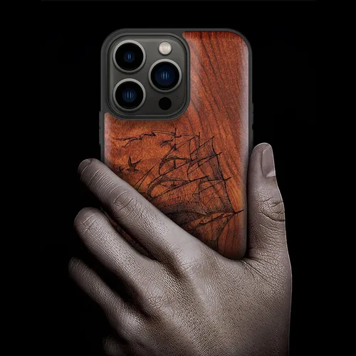 Vista 2 de Carveit Funda magnética de madera para iPhone 13 Pro [madera natural y TPU suave negro] a prueba de golpes, funda de madera única compatible