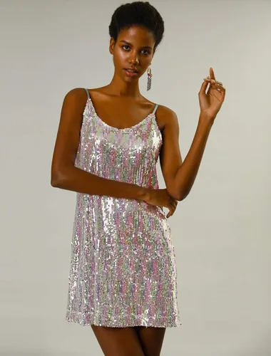 Vista 4 de Allegra K Vestido corto con lentejuelas, tirantes delgados, brillantina y cuello en V para mujer, fiesta, club y Halloween