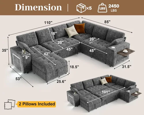 Vista 3 de Vipbear Sofá cama modular de 111 pulgadas, sofá cama modular de 7 asientos con cama extraíble, sofá en forma de L de felpilla con otomana de Azul