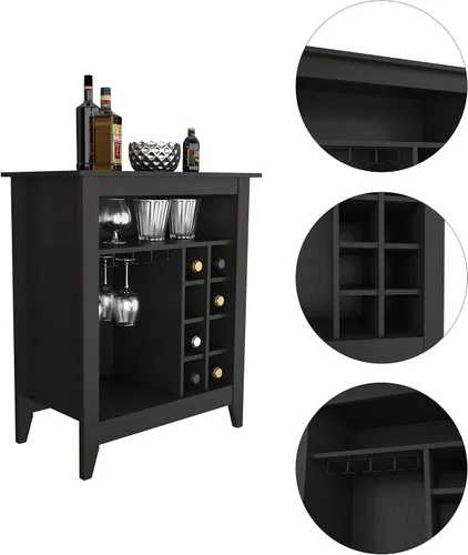 Vista 6 de Armario de bar de vino con 8 cubos de vino y portavasos, gabinete de madera para vino para licor y vasos, aparador retro con estantes abiertos