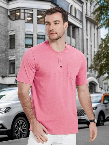 Vista 7 de MAGCOMSEN Camisas Henley de manga corta para hombre, de algodón, con botones, con bolsillo, casual, solapa frontal, ajuste regular, camisas diarias