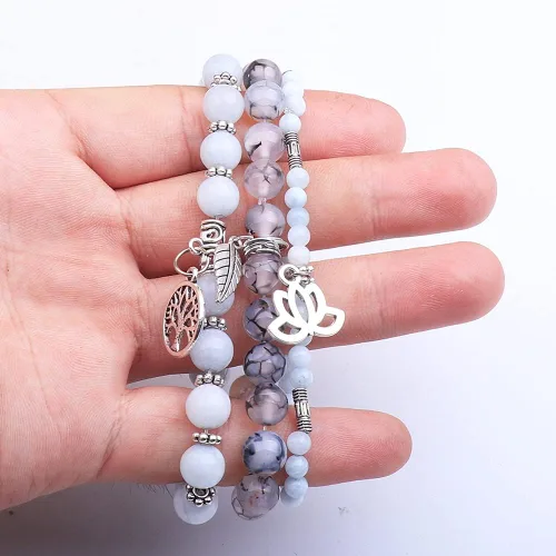 Vista 4 de UEUC - Pulseras Reiki, apilables, de piedras curativas, cristales, con dije del árbol de la vida, yoga y hoja de loto, contra la ansiedad