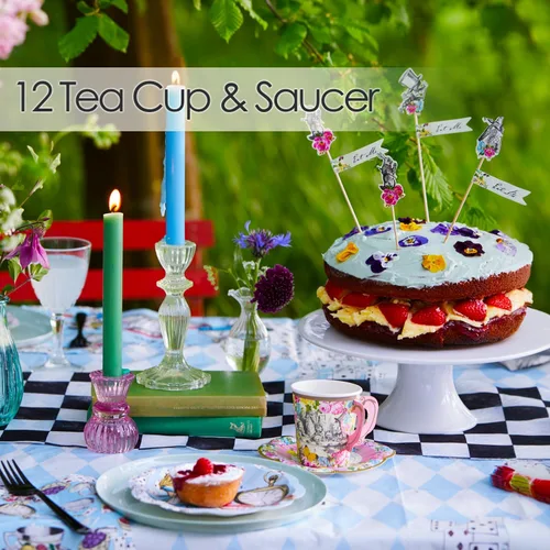Vista 2 de Set de tazas con manija y plato Truly Alice del Sombrerero Loco de Alicia en el país de las maravillas, en 3 diseños para fiesta de té o cumpleaños