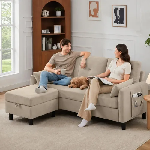 Vista 4 de Sofá modular convertible, pequeño en forma de L de 3 asientos con diván de almacenamiento reversible, sofá moderno de tela de poliéster para sala