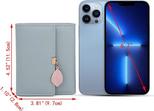 Vista 6 de UTO - Cartera pequeña RFID de piel sintética con dije de hoja, cierre de cremallera y tarjetero.