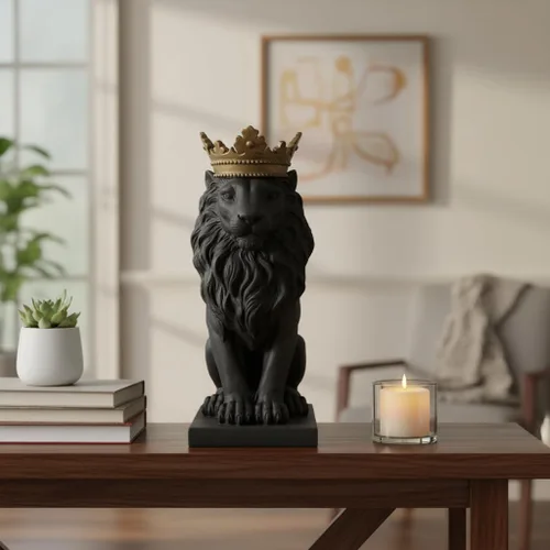 Vista 6 de Comfy Hour 14.6 pulgadas de altura, estatua del noble rey león del bosque con corona dorada, figura decorativa de animal para oficina en casa