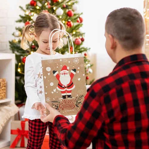 Vista 6 de Resholder 48 Piezas Bolsas de Papel Kraft de Regalo de Navidad a Granel con Asas Bolsas de Dulces Navideñas Reutilizables para Regalos Suministros