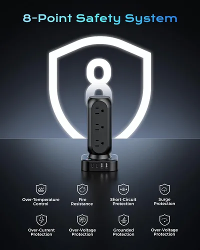 Vista 6 de Regleta de alimentación con protector de sobretensiones en torre, 12 salidas de CA y 8 puertos USB, cable de extensión de enchufe plano de 5 pies