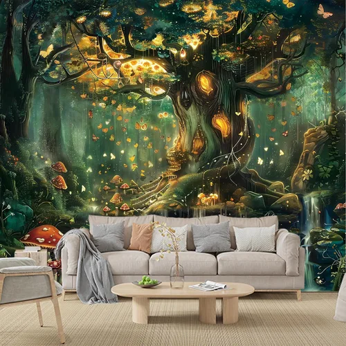 Vista 9 de Apdidl Tapiz de bosque para dormitorio, tapices de pared de hadas verdes Tapiz A-Forest