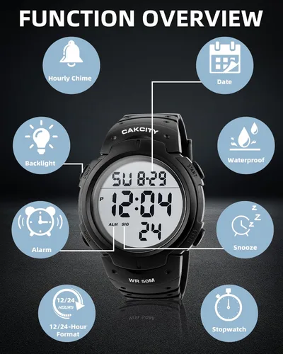 Vista 6 de CakCity Reloj deportivo digital para hombre, pantalla LED, esfera grande, reloj militar para hombre, impermeable, casual, luminoso, cronómetro