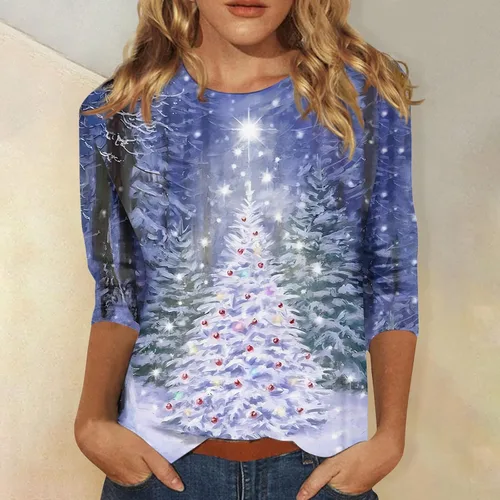 Vista 3 de Camisas de Navidad para mujer, a la moda, casual, cuello redondo, manga 34, holgada, con estampado de Navidad
