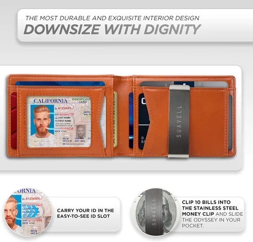 Vista 16 de Suavell Billeteras delgadas de cuero para hombres. Cartera con clip para dinero. Cartera de perfil bajo RFID Cartera minimalista