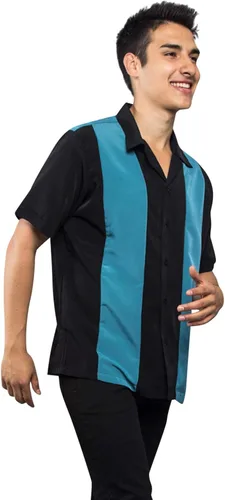 Vista 2 de G-Style USA Camisa de boliche de guayabera de dos tonos con botones a rayas para hombre