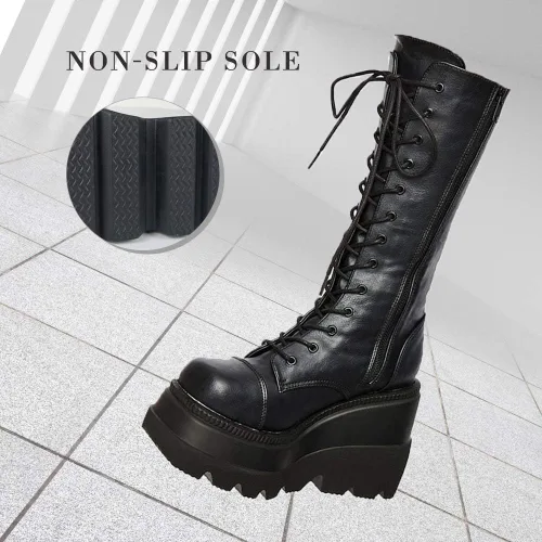 Vista 4 de CELNEPHO - Botas para mujer, estilo de combate, punk, de plataforma alta, hasta mitad de la pantorrilla, de cuña, con tacones altos y gruesos