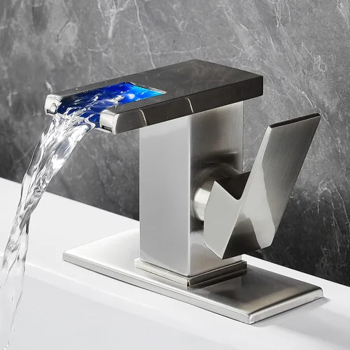 Vista 2 de Grifo de baño en cascada, cascada de grifo LED, níquel cepillado de un solo agujero, grifo de lavabo de baño en cascada, grifo de baño con luz LED