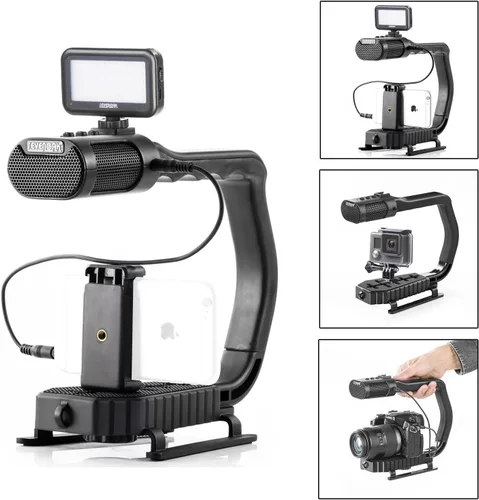 Vista 4 de [Renovado] Agarre de mango de video con micrófono integrado para DJI OSMO, estabilizador de mano universal de cámara Sevenoak Micrófono estéreo
