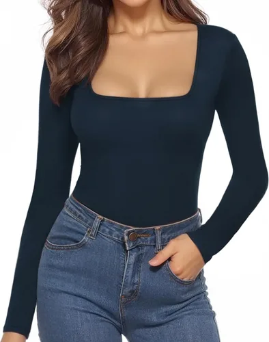 Vista 80 de MANGOPOP - Body de manga corta con cuello cuadrado para mujer