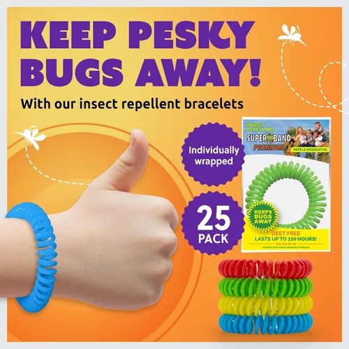 Vista 2 de Superband Pulseras repelentes de mosquitos para adultos y niños – Paquete de 25 – Pulsera repelente de insectos y insectos natural de larga