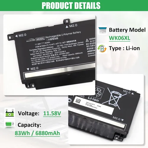 Vista 2 de WK06XL - Batería de repuesto para laptop HP Omen 16-b0xxx 16-b0000TX 16-B0047TX 16-C0xxx 16-C0167AX Omen 7 Plus 17-ck0xxx 17-CK0007NV 17T-CK100