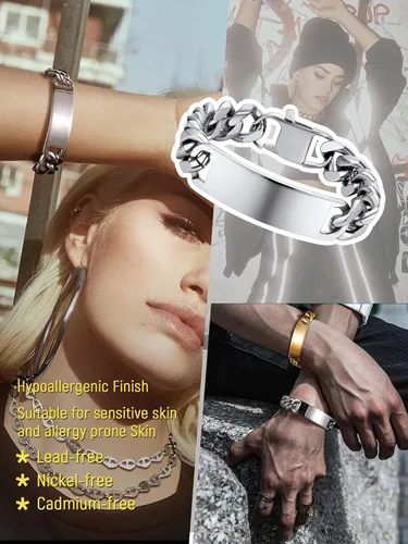 Vista 3 de PROSTEEL Pulsera de acero inoxidable para hombres y mujeres, elegantes pulseras de eslabones cubanos, chapado en oro negro de 18 quilates, ancho