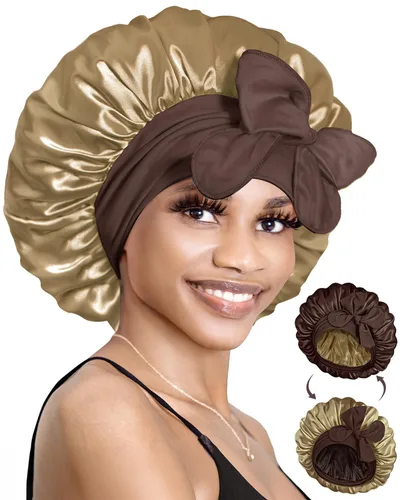 Vista 11 de BONNET QUEEN Gorro reversible de satén de seda para dormir, doble capa, ajustable, trenzas rizadas, peluca de cabello natural, banda para gorro