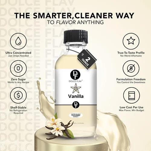 Vista 4 de Dolce Flav Extracto de vainilla – 2 onzas soluble en agua, Kosher, sin azúcar, sabor concentrado de vainilla para hornear, galletas y postres