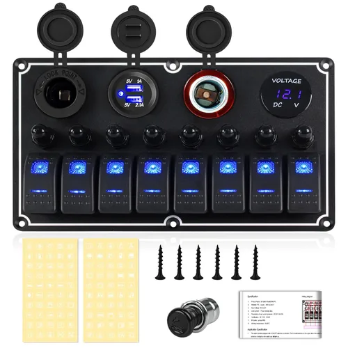 Vista 18 de Panel de interruptores de barco marino de 5 posiciones con cargador USB dual y voltímetro, panel de interruptores basculantes de aluminio