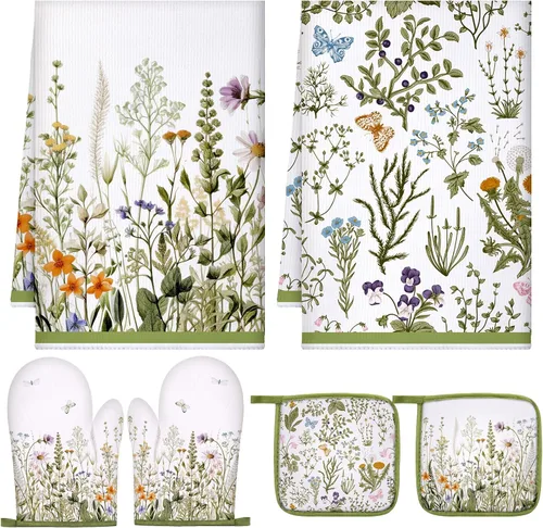 Vista 15 de Leinuosen Juego de 6 toallas de cocina de océano, decoración y accesorios de cocina, juego de guantes de horno y soportes para macetas, paños