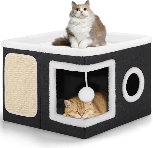 Vista 13 de Casa de Gato de 2 Pisos para Gatos de Interior, Separable en 2 Grandes Camas de Gato Cueva con Condominios Escondidos, Almohadillas para Rascar