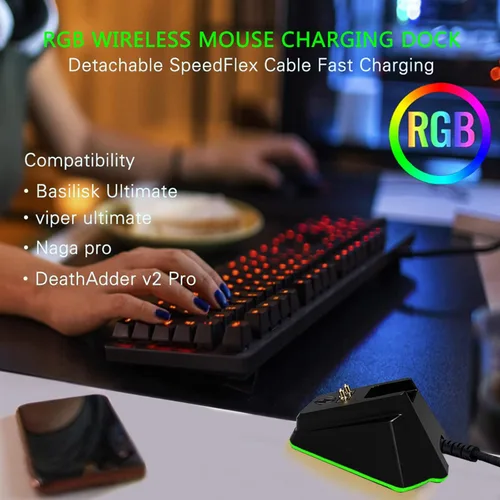 Vista 8 de Base de carga para mouse inalámbrico Razer Viper Ultimate Naga Pro DeathAdder V2 Pro y Basilisk Ultimate Magnetic Charging RGB Lights Indicador