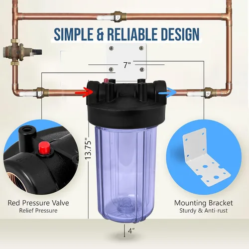 Vista 8 de Sistema purificador de filtro de agua transparente de alta capacidad de 10 x 4.5 pulgadas para toda la casa con botón de alivio de presión, puerto
