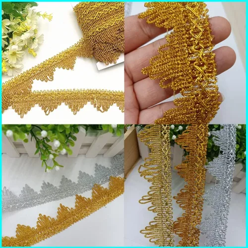 Vista 6 de Cinta de encaje trenzada de poliéster con lentejuelas plateadas brillantes 14 yardas 35mm de ancho para costura, manualidades, ropa, cortinas