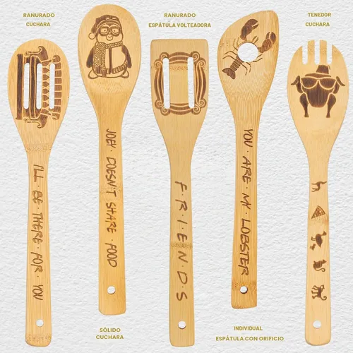 Vista 3 de Friends - Cucharas de madera para cocinar, juego de utensilios de cocina de 6 piezas con soporte, regalos para fanáticos, productos de programas