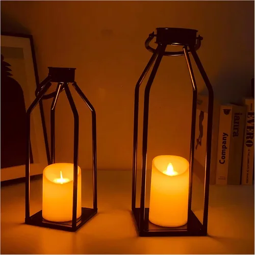 Vista 2 de Faroles de vela decorativos para interiores – Moderno farol de granja para decoración del hogar – 2 linternas de metal negro, velas parpadeantes