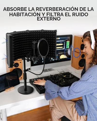 Vista 2 de Moukey - Protector de aislamiento de micrófono con filtro pop y soporte de mesa, protector de micrófono plegable con triple aislamiento de sonido