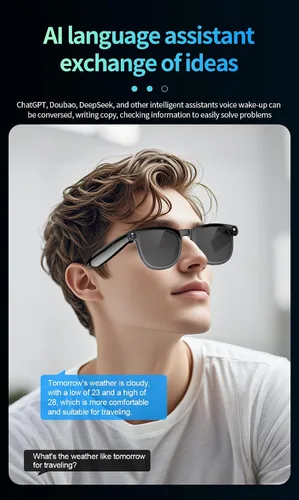 Vista 5 de Lentes inteligentes Bluetooth AI con cámara de 8 MP para hombres y mujeres, traducción en tiempo real, negro, asistente de voz AI integrado, control