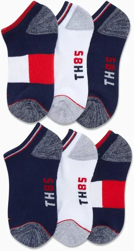 Vista 4 de Tommy Hilfiger Calcetines deportivos para niños, paquete de 6 calcetines de tobillo transpirables que no se ven de corte bajo para niños y niñas