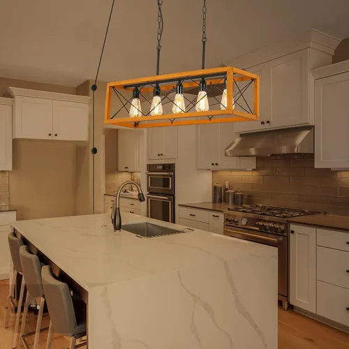 Vista 5 de Lámparas rústicas de cocina, lámpara de granja con cable de enchufe desmontable para comedor, mesa de billar, colgante rectangular lineal de madera