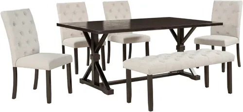 Vista 9 de Juego de mesa de comedor de 6 piezas, juego de comedor de madera con mesa rectangular de madera de 78 pulgadas, 4 sillas tapizadas y banco, juego