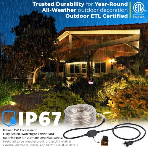Vista 2 de Cuerda de luces LED de color blanco cálido de 10 pies, conectable al aire libre, permanente, impermeable, iluminación exterior, funda de PVC