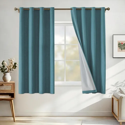 Vista 17 de Cortinas 100% opacas para dormitorio, cortinas opacas de 63 pulgadas de largo, cortinas opacas de lino para sala de estar, cortinas con ojales