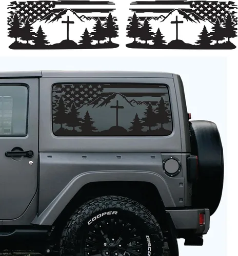 Vista 6 de Compatible con Jeep Wrangler JL (2 puertas) 2018-2023 Vinilos para ventanas precortados con bandera americana y escenas de montaña y bosque al aire