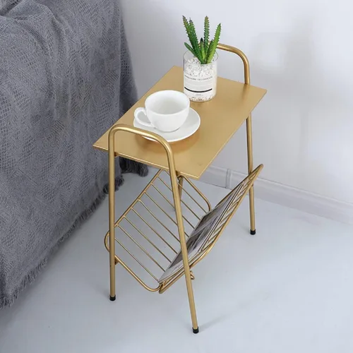 Vista 2 de Mesa auxiliar auxiliar de metal, moderna mesa auxiliar de 2 niveles con bandeja rectangular, mesa decorativa pequeña, almacenamiento portátil